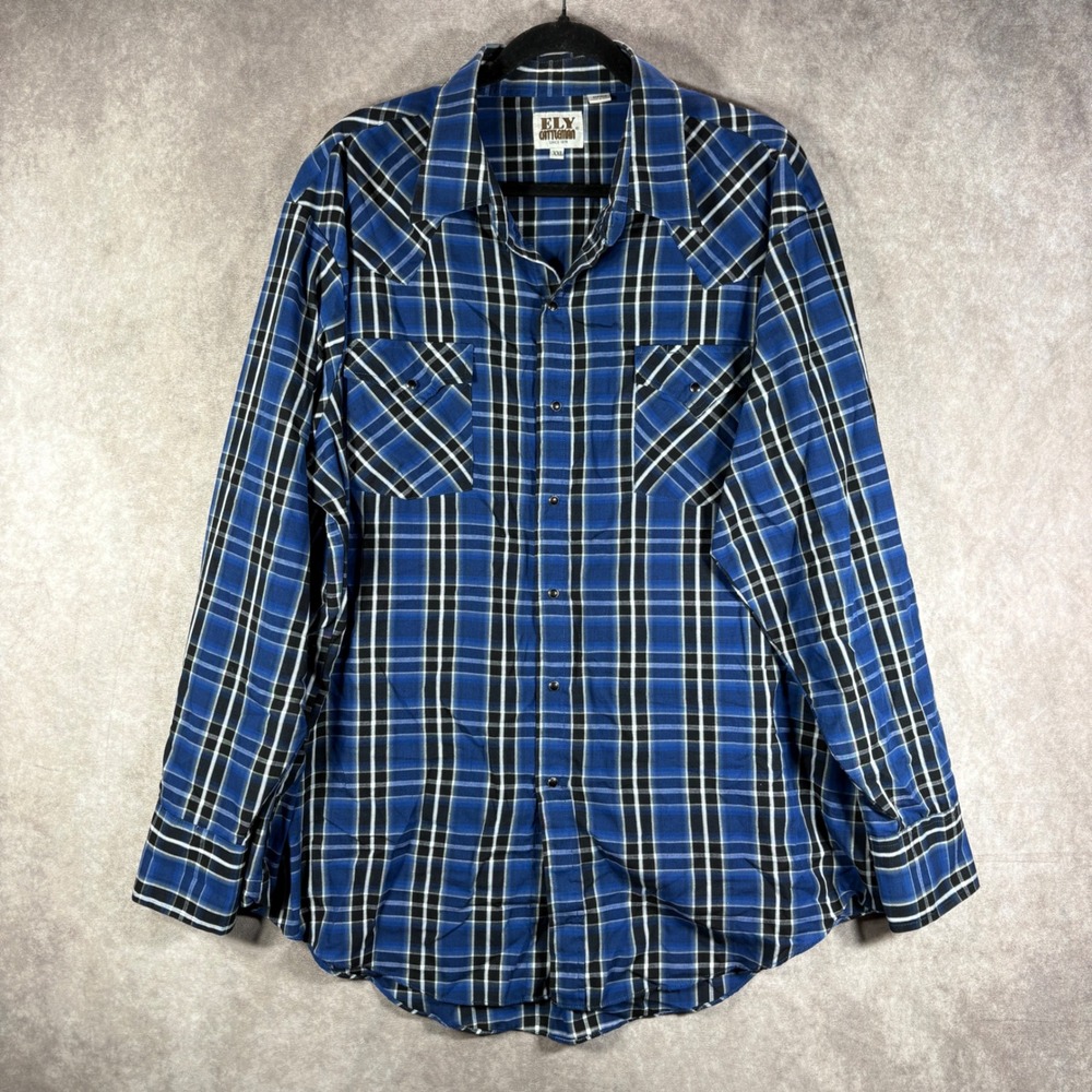 Ely Cattleman Shirt Mens XXL Blue Plaid Western Snap Button Long Sleeve Cowboy